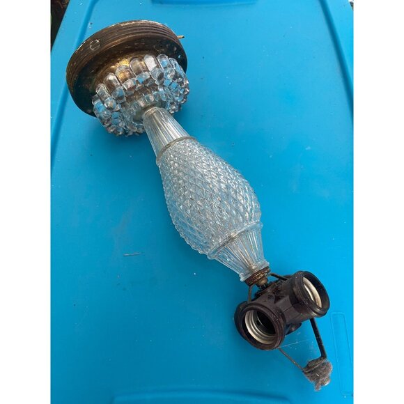 Antique Diamond Point 1920's Glass And Brass Hanging Ceiling Four Bulb Light - Picture 1 of 10